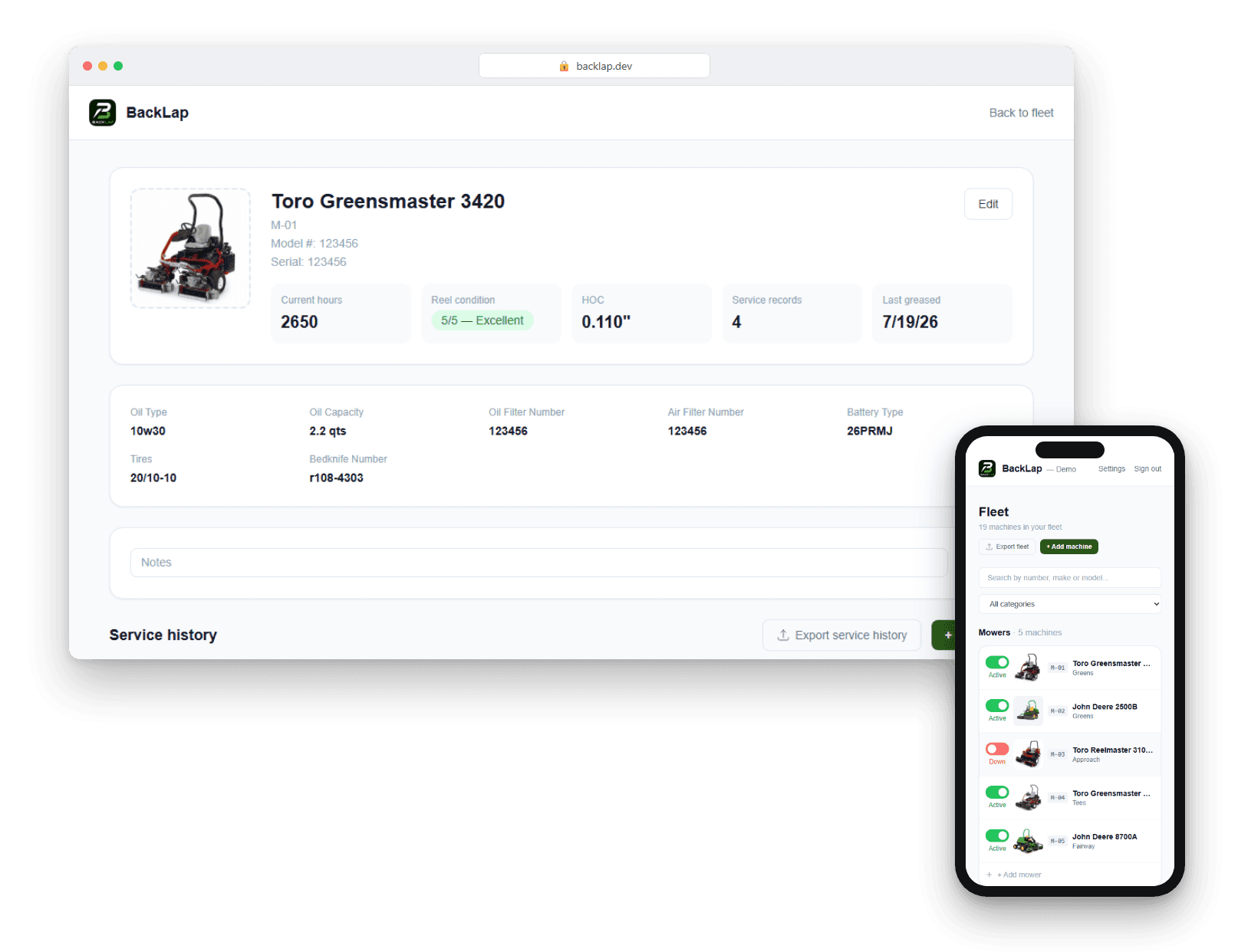 BackLap machine detail page on desktop and fleet list on mobile